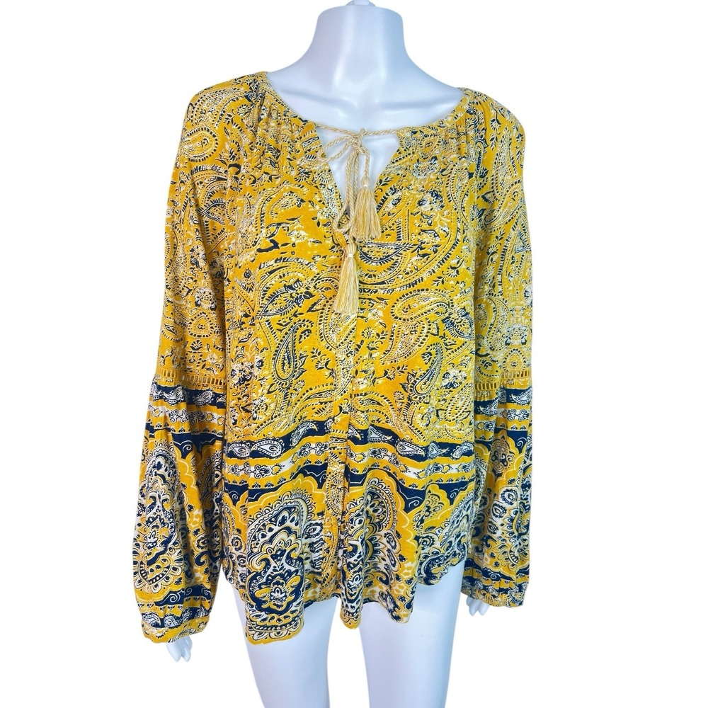 Lucky Brand Women's XL Top Peasant Tassel Cotton Blend Knit Yellow Navy Paisley